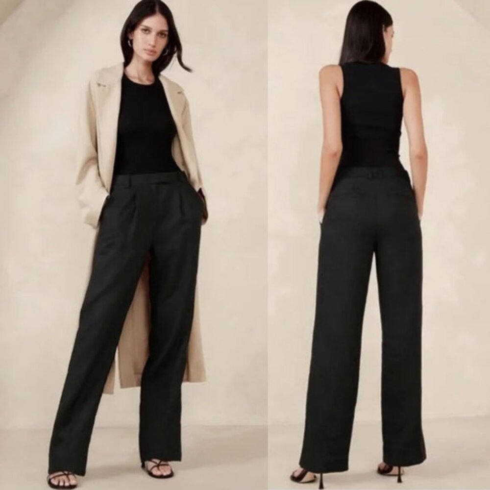 NWOT Banana Republic Palma Linen Pleated Straight Leg Pants 8 Black